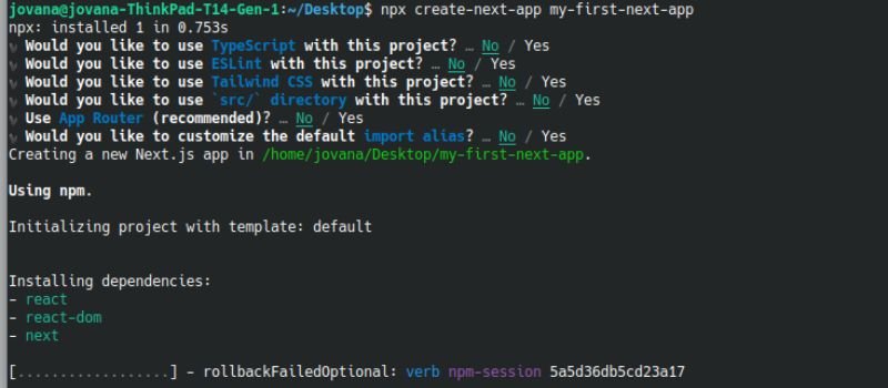 Creating next.js project, npx create-next-app my-first-app